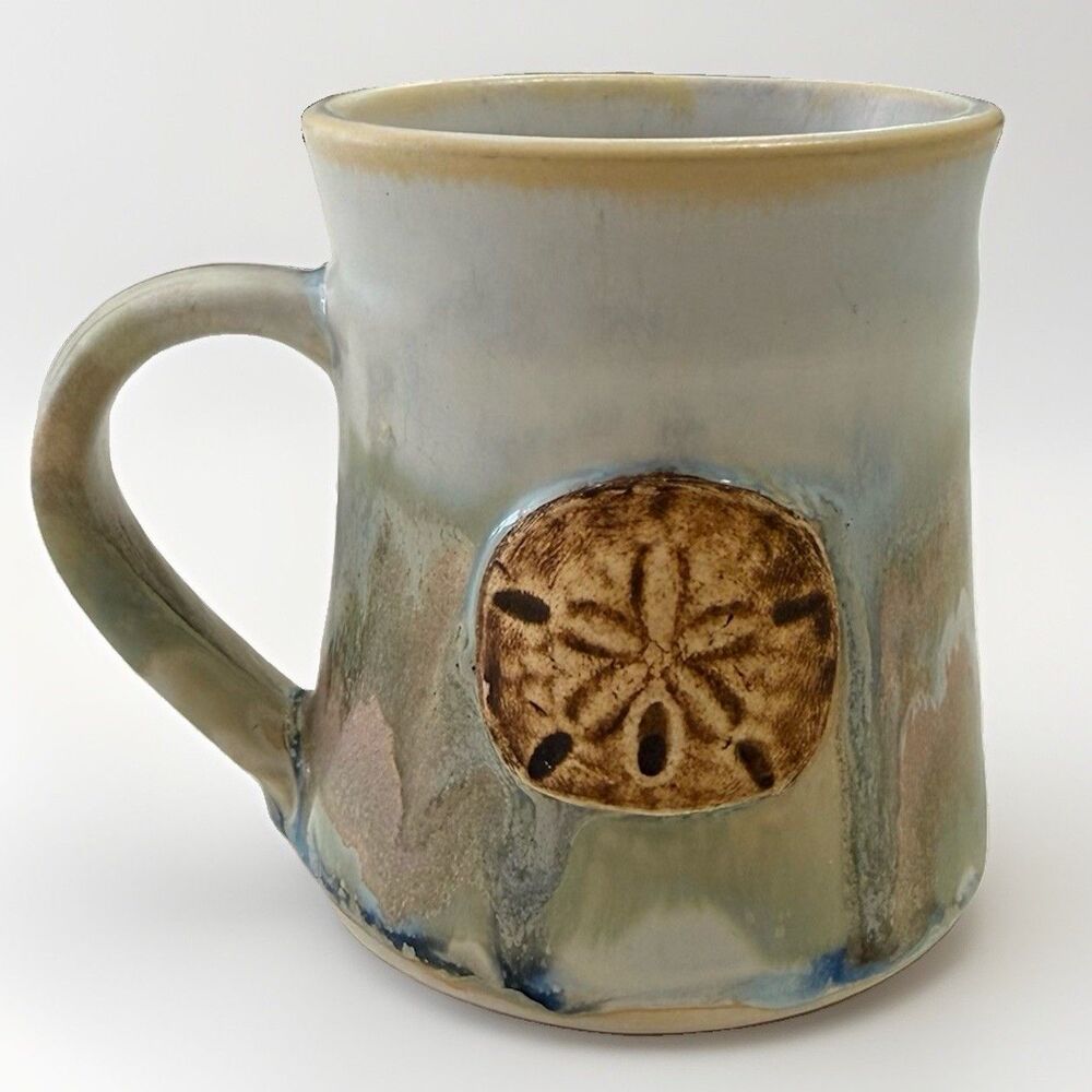 Handmade Sand Dollar Pottery Mug Signed Studio Ceramic Coastal Blue Cream Glaze